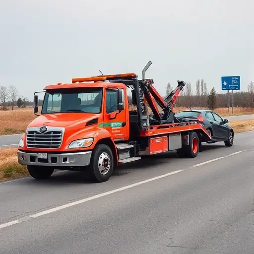 A tow truck from Alexandrov brand parked on a roadside, towing a broken car with its engine off, set against a clear road background with a few trees and a distant highway sign, all in a realistic style