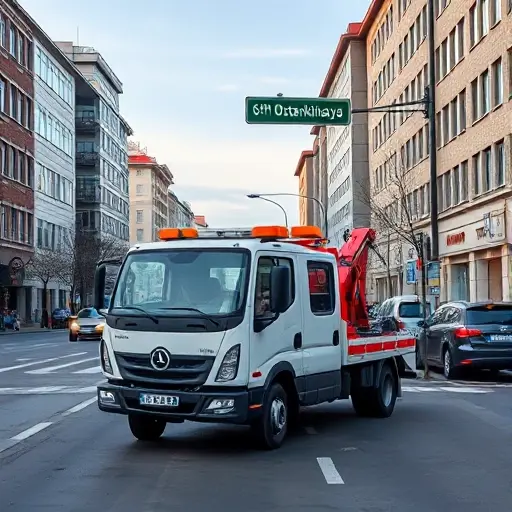 Эвакуатор на 6-й Останкинской: Полное руководство A realistic scene of a modern tow truck (evacuator) parked on a busy urban street, with the street name sign for 6‑th Ostankinskaya visible in the background, surrounded by typical city buildings, streetlights, and a few parked cars, under a clear sky; the focus is on the tow truck and the street atmosphere, no text or logos on the vehicle