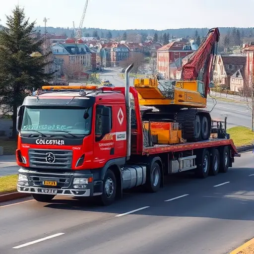A tow truck (эвакуатор) in Alexandrov, hauling a heavy piece of special equipment such as a crane or bulldozer along a road, with a clear, realistic background of the town and no textual elements in the scene