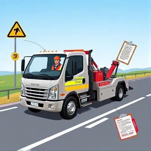 A realistic illustration of a Gazelle Next tow truck on a road, with a driver wearing a helmet, seatbelt, and reflective vest. The scene includes safety signage such as a caution sign, a safety manual on a clipboard, and a first aid kit visible on the truck. The background shows a clear, safe driving environment with no other vehicles or obstacles. The focus is on the driver’s safety gear and the tow truck’s safety features, emphasizing a professional and secure towing operation.