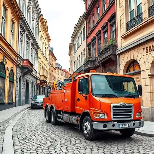 A detailed, high-resolution illustration of a tow truck parked on a narrow, cobblestone street called Большой Балканский переулок, lined with historic European buildings. The tow truck is in motion, pulling a small car, with a cityscape background, no text or lettering visible.