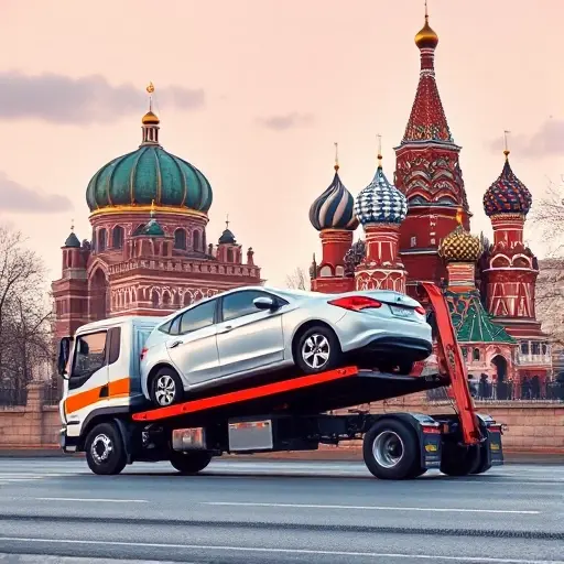 A professional tow truck pulling a car onto a flatbed in front of recognizable Moscow landmarks such as the Kremlin dome and St. Basil's Cathedral, with subtle visual cues of transparent pricing like faint, floating price tags or a clear overlay of cost numbers, all rendered in a realistic yet compact high-quality style