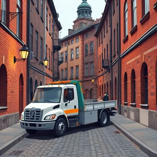Эвакуатор в 3-м Дорогобужском переулке: Полное руководство A realistic smallHQ style illustration of a tow truck parked on a narrow cobblestone street in a historic Russian neighborhood, with old brick buildings, street lamps, and a subtle hint of a guidebook, no text, no people, no other vehicles
