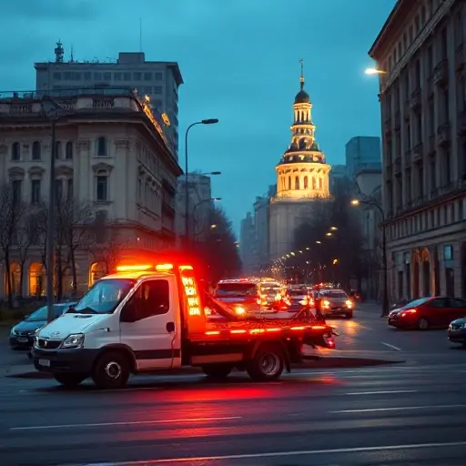 A realistic scene of a tow truck parked on a Moscow street near the Don River, with recognizable Moscow architecture and city lights, conveying a professional service atmosphere, no people, no signage