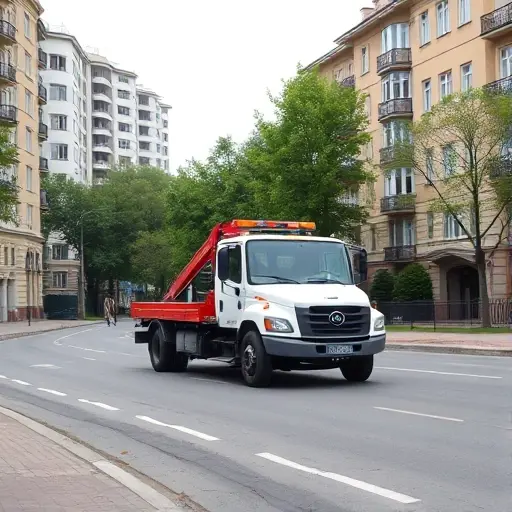 A realistic scene of a tow truck (evacuator) parked on a city street in the Chertanovo Central district, with typical Moscow residential buildings, trees, and a calm urban atmosphere. The focus is on the vehicle and the surrounding neighborhood, without any signage, text, or logos.