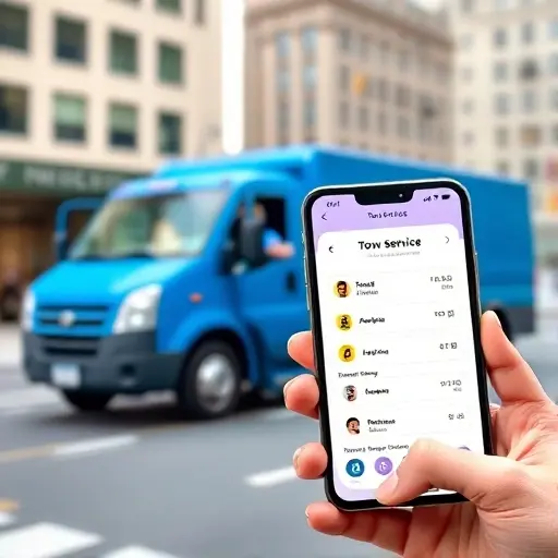 A modern smartphone in a hand displaying a sleek tow service app interface, with a friendly tow truck driver stepping out of a bright blue tow truck, city street background, showing the connection between the app and the service, realistic lighting and smooth colors, no visible text or logos