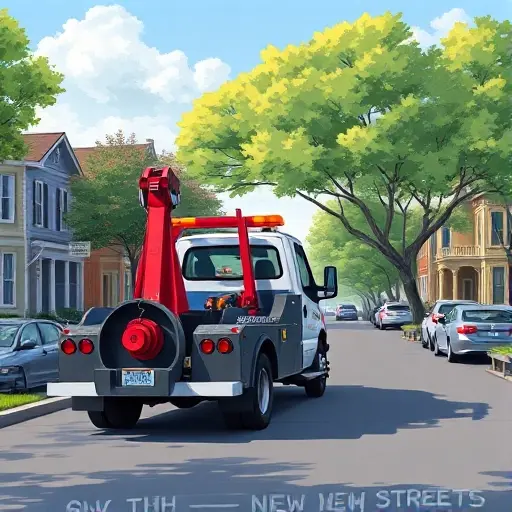A realistic small-scale illustration of a tow truck parked on the 6th street in the New Gardens neighborhood, showing the street with trees, parked cars, and a clear sky, highlighting the tow truck's hook and lights, without any text or signage