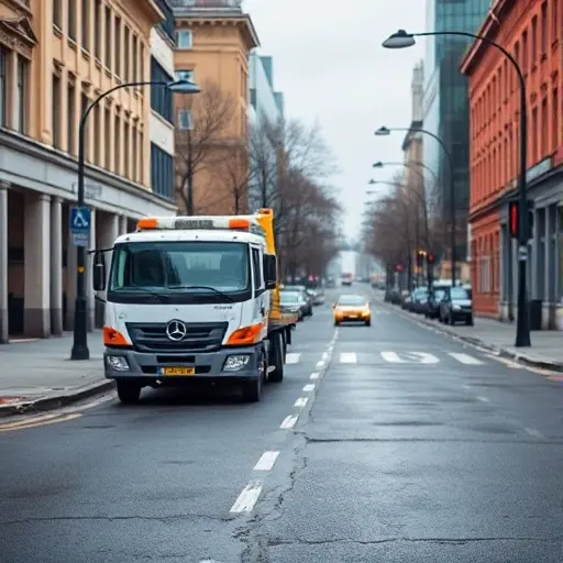 A realistic scene of a tow truck (evacuator) parked on a city street, with the surrounding environment suggesting a typical urban road in the area of 3rd Streletskaya, featuring buildings, streetlights, and road markings, but without any visible text, letters, or numbers. The focus is on the tow truck and the street atmosphere, captured in a clear, detailed composition.