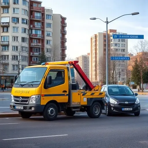 A realistic city street scene in Moscow showing a compact tow truck parked beside a broken down car on the side of the road. The background includes typical Moscow apartment buildings and a hint of the Yuzhno-Vostochnyi Administrative Okrug (ЮВАО) district, with street signs blurred enough to avoid legible text. The atmosphere is daytime with clear sky, and the focus is on the tow truck and the disabled vehicle, conveying an affordable, nearby assistance service.