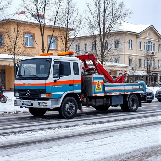 эвакуатор ачинск A tow truck parked on a street in Achinsk, with a snowy backdrop and typical Russian architecture, no text or signage visible