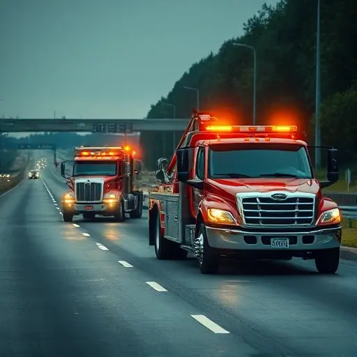 A realistic depiction of a tow truck pulling a stranded vehicle on a highway during an accident scene, with emergency lights flashing, a clear road, and a calm environment, no text or numbers visible