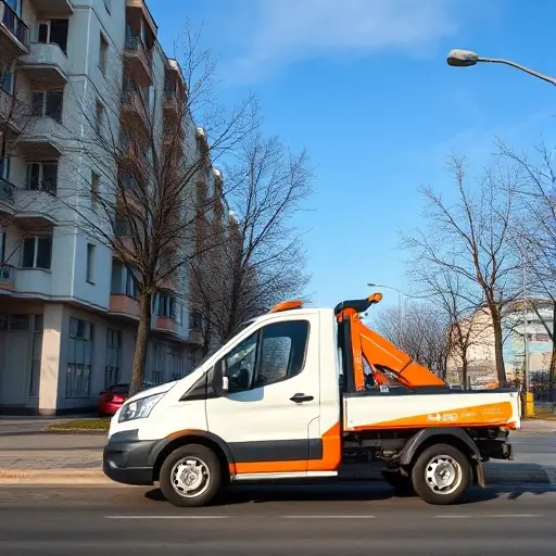 эвакуатор москва дешево рядом со мной A compact, modern tow truck with a bright orange and white color scheme parked on a quiet Moscow street near a recognizable but generic Russian apartment building, with a few leafless trees and a clear sky, conveying affordability and proximity without any signage or text