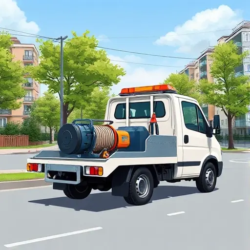 A compact tow truck equipped with a winch, parked on a quiet residential street in a Moscow suburban area, surrounded by typical low-rise apartment buildings and trees under a clear sky. The illustration focuses on the vehicle and its winch mechanism, rendered in the smallHQ style, without any text, letters, or numbers.