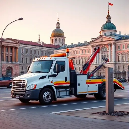 A bright, modern tow truck parked near Nevsky Prospekt in St. Petersburg, with the iconic St. Petersburg skyline in the background, featuring the historic buildings and a subtle, low-cost sign in the foreground, all rendered in a clean, realistic style