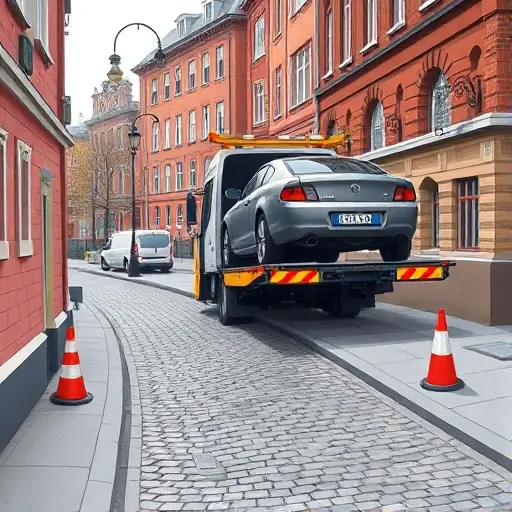 A realistic smallHQ style illustration of a Moscow street scene with a tow truck loading a damaged car onto its platform. The setting shows a narrow, cobblestone road with slight incline and obstacles like a parked van and traffic cones, emphasizing the difficulty of loading and unloading. The background includes typical Moscow architecture, such as historic brick buildings and street lamps, but no visible text or signage.