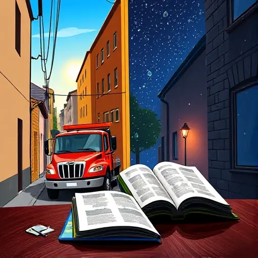 A realistic depiction of a tow truck pulling a car out of a narrow unnamed alley, with a guidebook open on a nearby table. The background is split into two scenes: one showing daylight with clear skies, the other showing nighttime with a starry sky. Weather conditions are illustrated subtly: a sunny side, a rainy side with droplets, and a snowy side with light flakes. No text or lettering appears in the image.