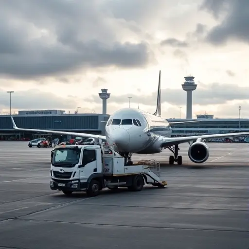 A small high-quality scene of a specialized airport tow truck evacuating a large commercial aircraft on the tarmac of a Moscow airport, with modern airport terminal buildings and control tower in the background under a cloudy sky