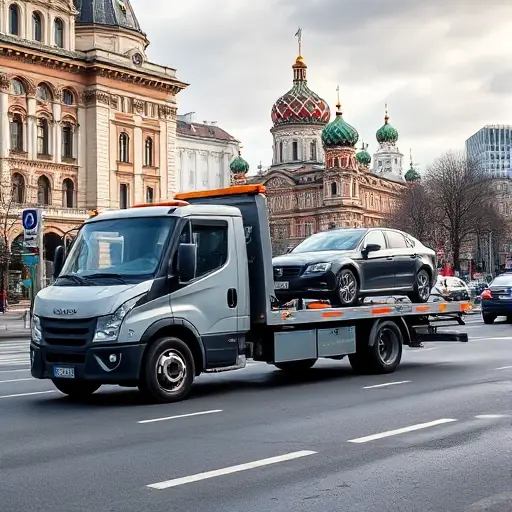 эвакуатор москва западная A modern tow truck parked on a busy Moscow street in the western part of the city, with iconic Moscow architecture in the background and a flatbed with a car being towed