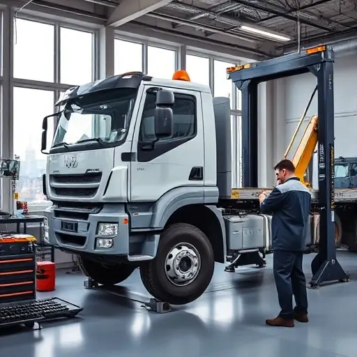 A modern service center workshop in Moscow with a large tow truck on a lift being repaired by a mechanic in a uniform, using tools; the background shows a subtle silhouette of Moscow's skyline through a window, clean and organized environment, realistic lighting, smallHQ style