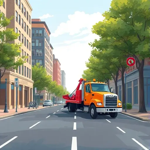 Эвакуатор на 7-й Парковой улице: Полное руководство A realistic illustration of a tow truck on a quiet urban street, with surrounding buildings, trees, and a clear sky, focusing on the vehicle and the street scene, without any visible text, numbers, or logos.