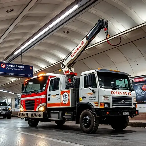 A tow truck equipped with a crane (leverage) parked in an underground Moscow metro station, with iconic Moscow metro signage and architectural details visible, showing the truck’s hydraulic winch in action lifting a car, all depicted in a realistic, high-resolution style.