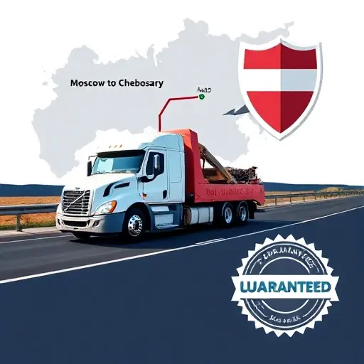 A tow truck on a road with a stylized map overlay showing the route from Moscow to Cheboksary, a prominent shield icon symbolizing insurance, and a subtle guarantee badge, all rendered in a clean, realistic style without any text, letters, or numbers.