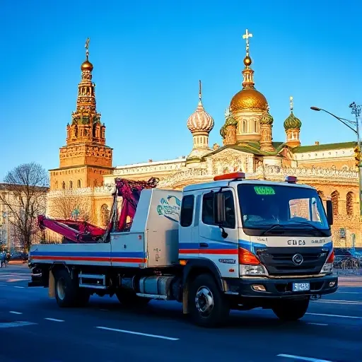 A tow truck parked on a street in Nizhny Novgorod, with the iconic Nizhny Novgorod Kremlin in the background, under a clear blue sky, no text, no people, no other vehicles