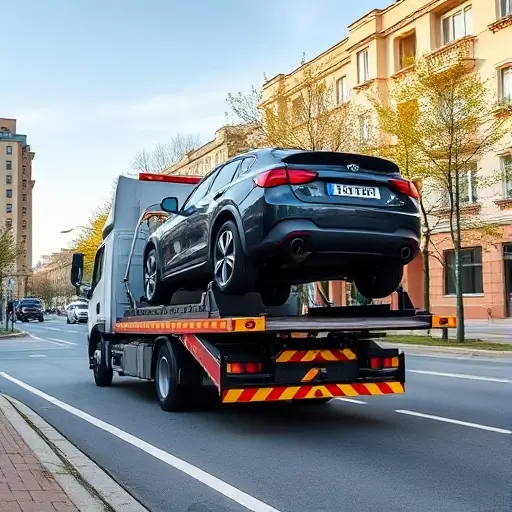 A modern tow truck (evacuator) parked on a quiet street in the New Moscow district, with a partially loaded car on its platform, showing the vehicle being lifted but not fully secured, surrounded by typical urban buildings and trees, under a clear sky
