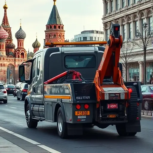 A realistic scene of a modern tow truck parked on a busy Moscow street, with recognizable Moscow architecture such as the Kremlin domes or the Moscow River in the background, the truck's hook and lights visible, a driver in a uniform standing beside the vehicle, daytime city atmosphere, no signage or text