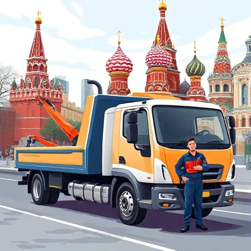 Эвакуатор в Москве: как выбрать надежную и недорогую услугу A realistic illustration of a modern tow truck parked on a Moscow street, with iconic landmarks like the Kremlin or St. Basil's Cathedral in the background, a friendly mechanic in a uniform standing beside the truck, and a calm, professional atmosphere indicating reliability and affordability. No text or lettering in the image.