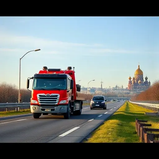 A realistic scene showing a tow truck on a highway connecting Sergiev Posad and Moscow, with the tow truck assisting a broken-down car on the side of the road. In the background, a subtle outline of Moscow's skyline and a hint of Sergiev Posad's historic architecture can be seen, emphasizing the route. The focus is on the tow truck, the vehicle being towed, and the road environment, with clear sky and natural lighting.