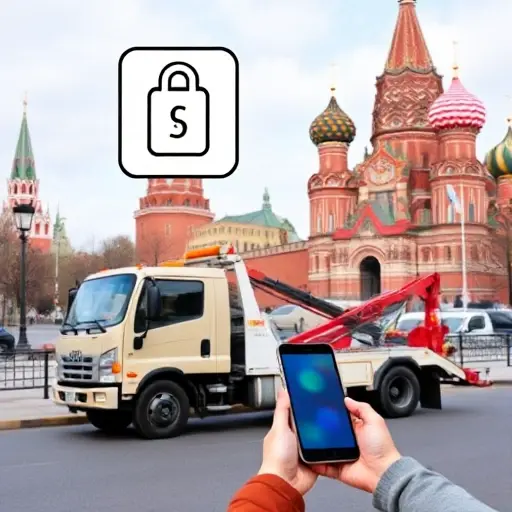 A tow truck parked near a recognizable Moscow landmark, with a floating price tag icon above it, and a person holding a phone looking at the icon, all depicted in a realistic style without any text or lettering