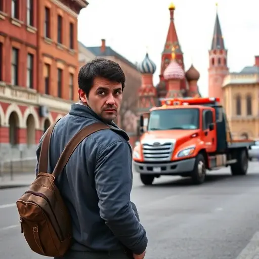 Эвакуатор Москва: Что делать при незаконной эвакуации? A worried driver standing on a Moscow street watching a tow truck illegally pulling away a parked car. The background shows typical Moscow architecture with red brick buildings and a faint silhouette of Saint Basil's Cathedral. The scene is daytime, with realistic lighting, and the focus is on the tension between the driver and the tow truck, without any text, logos, or signage.
