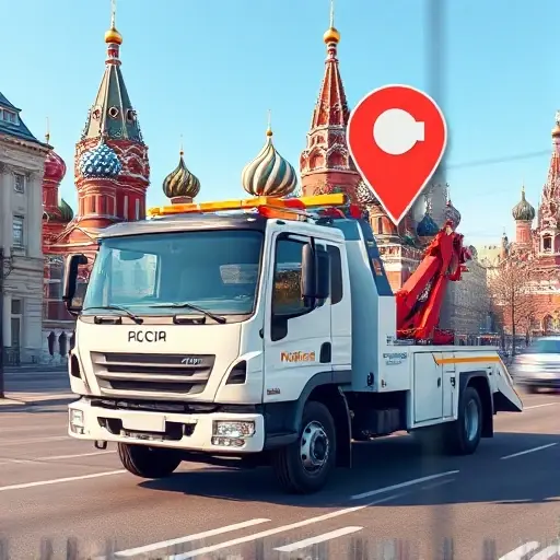 Эвакуатор Москва: Найти Рядом со Мной на Карте – Полное Руководство A realistic illustration of a tow truck (evacuator) parked on a city street in Moscow, with recognizable Moscow architecture such as the Kremlin dome and St. Basil's Cathedral in the background. The scene includes a digital map overlay showing a location pin near the tow truck, indicating 'near me' on the map. The composition is clear and detailed, focusing on the vehicle and the urban environment without any textual labels or logos.