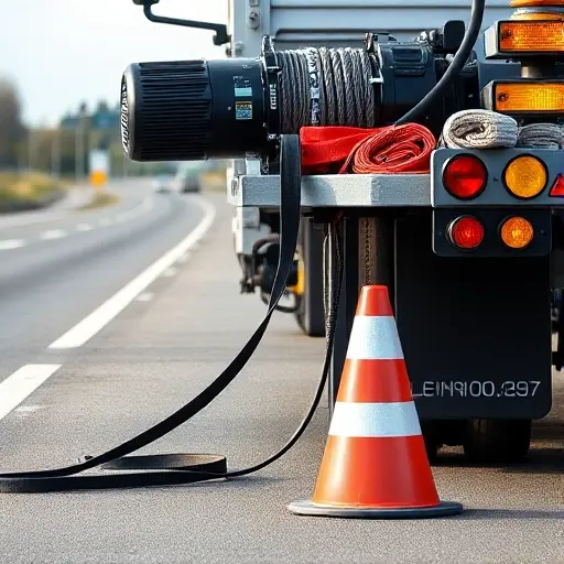 A realistic scene of a tow truck (evacuator) parked on the Leningrad highway near Moscow, showcasing essential equipment: a heavy-duty winch, sturdy towing straps, a set of tools on a side shelf, bright auxiliary lights, and a safety cone. The background shows the highway with a few trees and a clear sky, focusing on the vehicle and its gear without any text or signage.