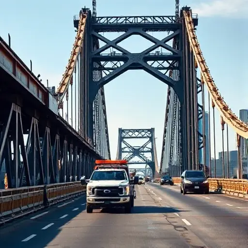 Эвакуация Автомобиля с Автозаводского Моста: Полное Руководство A realistic scene of a tow truck pulling a car off a large city bridge, with the bridge's steel structure, safety barriers, and surrounding traffic, under a clear sky, showing the vehicle being evacuated safely