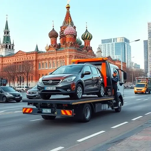 Москва: Все, что нужно знать о платных эвакуаторах A realistic scene of a Moscow street with a modern tow truck lifting a small car onto its platform. The background shows recognizable Moscow architecture such as a historic building with onion domes and contemporary high-rises, along with typical city traffic and sidewalks. The sky is clear, and the focus is on the tow truck operation, with the driver in a uniform, but without any visible text, logos, or license plates.