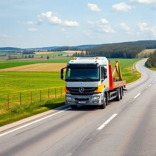 Эвакуатор Москва — Вологда: Полное руководство A modern tow truck traveling on a highway through the Russian countryside, with rolling fields, distant forest, and a clear sky, focusing on the vehicle and road without any text, letters, or digits