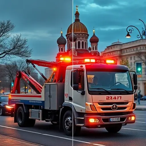 эвакуатор москва подмосковье круглосуточно A 24/7 tow truck operating in the Moscow region, depicted on a city street with recognizable Moscow architecture such as the Kremlin dome in the background, under both day and night lighting, showing the truck's hook and lights, with a driver in a uniform, without any text, letters, or numbers on the vehicle or surroundings