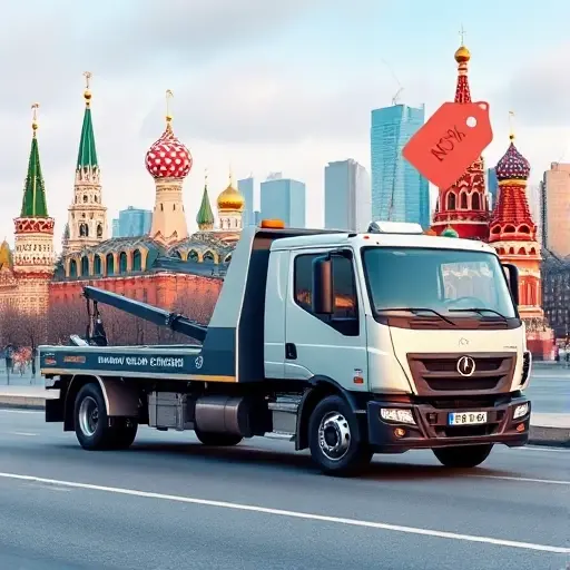 A modern tow truck parked in front of a recognizable Moscow skyline, with a subtle price tag icon floating near the truck to suggest affordability, no text or numbers visible.