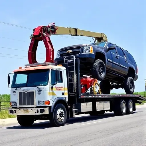 A large, heavy-duty tow truck with a hydraulic winch lifting an oversized vehicle onto its platform, set against a clear sky and a simple road background, no text or lettering