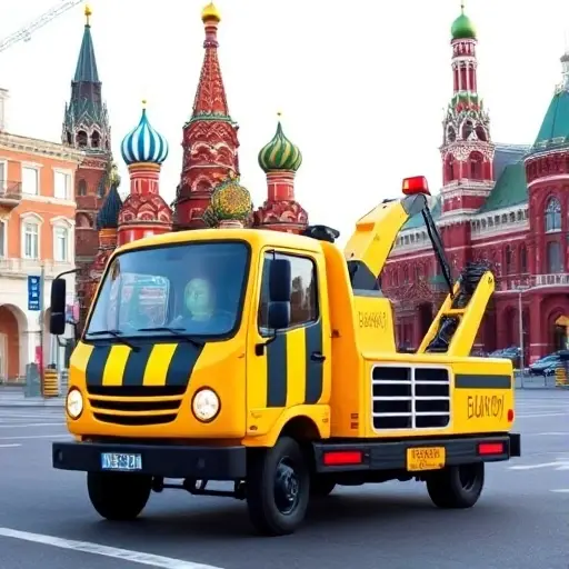 A cheerful bumblebee-themed tow truck with bright yellow and black stripes, equipped with a hook and lights, driving through a Moscow street scene with recognizable architecture such as the Kremlin towers and red brick buildings, under a clear sky; the vehicle should look modern and friendly, with a subtle hint of motion, no text or signage visible