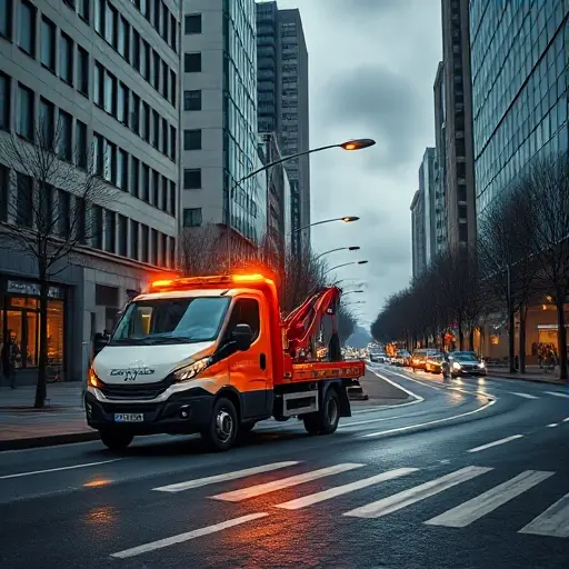 A realistic city street scene showing a tow truck parked on Avangardnaya Street, with a modern urban background, subtle hints of digital connectivity such as faint glowing network lines or abstract icons representing online services and aggregators, without any visible text or logos