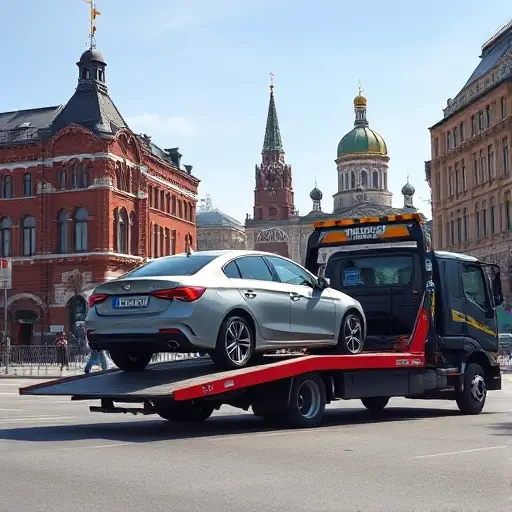 A tow truck in a Moscow city street scene pulling a car onto its platform, with recognizable Moscow architecture in the background such as red brick buildings and a hint of the Kremlin dome, under a clear sky. The focus is on the vehicle and the tow truck, conveying the moment of the car being taken away, without any visible text or signage.
