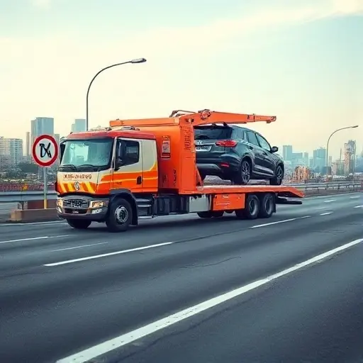 A realistic scene showing a tow truck (evacuator) positioned on a wide road called Alley and Road of Life, with visible road markings and signage indicating vehicle size and weight limits, the truck is lifting a large vehicle, background includes a cityscape and clear sky, focusing on the truck and the concept of transport restrictions, no text or letters in the image