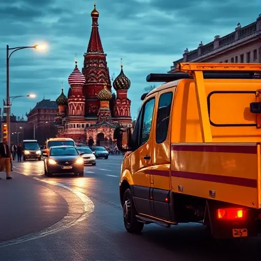 A modern tow truck parked near Red Square in Moscow, with the Kremlin and St. Basil's Cathedral visible in the background. The scene shows a busy city street at dusk, with bright streetlights and a few pedestrians walking. The tow truck is in a bright yellow color, with a visible towing hook attached to a car that is being towed. The driver is inside the truck, wearing a reflective vest. The overall composition captures the contrast between the historic architecture and the modern vehicle, emphasizing the service of a towing company in Moscow.