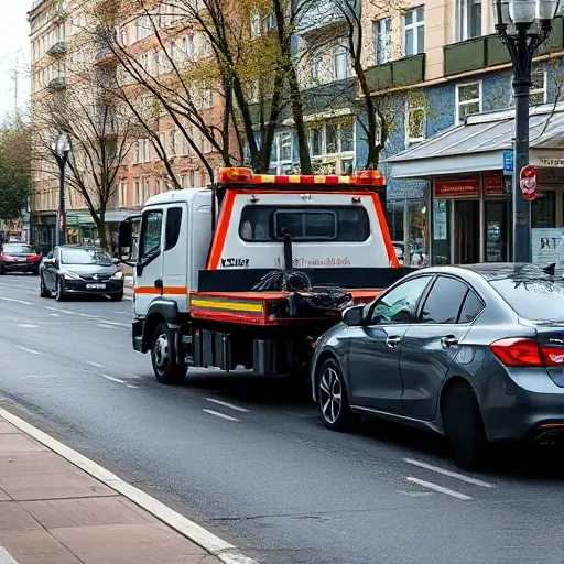 A realistic tow truck parked on Astradamskaya Street, towing a car, with a city street background, no text or lettering, no people, no other vehicles, no signage, no digital overlays