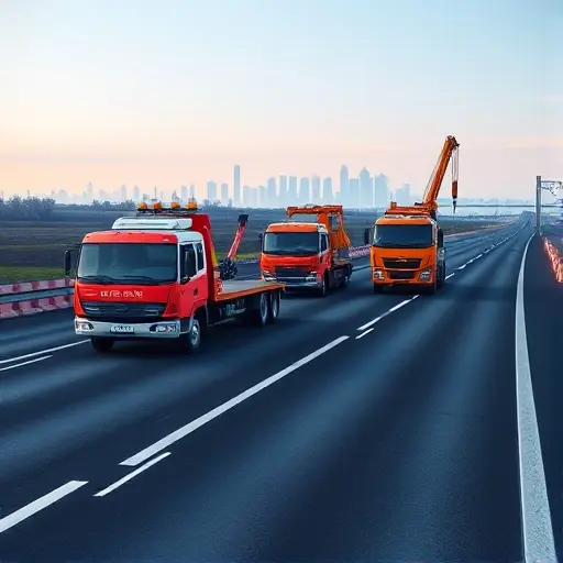 A realistic illustration of three tow trucks on a highway connecting St. Petersburg and Moscow. The first truck is a platform (flatbed) tow truck with a long flat platform, the second is a partial‑load (half‑deck) tow truck with a raised rear section, and the third is a manipulator (crane) tow truck with a hydraulic arm. The background shows a road with distant city silhouettes, clear sky, and subtle details, all rendered in the smallHQ style.