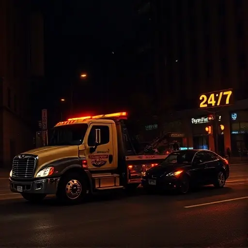 A tow truck next to a car on a dark city street at night, with a glowing 24/7 sign, no text, no people, no other vehicles.