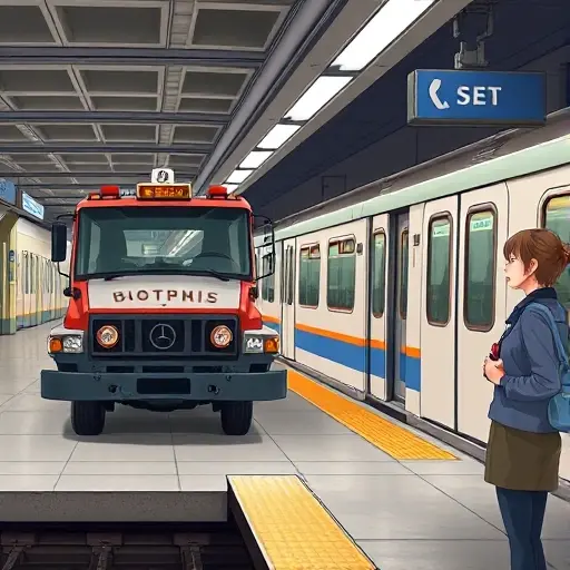 A realistic illustration of a Moscow metro station platform with a tow truck parked beside a train, a dispatcher standing with a headset, and a passenger holding a phone, all depicted in a detailed, high-resolution style, with no text or signage visible.